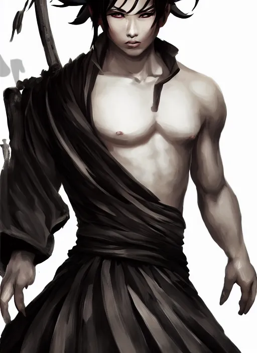 Image similar to a highly detailed illustration of fierce short white!!! haired young japanese man wearing hakama, black! sclera! eyes, dramatic serious pose, muscular, intricate, elegant, highly detailed, centered, digital painting, artstation, concept art, smooth, sharp focus, league of legends concept art, wlop