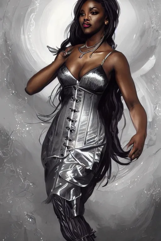 Image similar to cute black woman wearing a silver chrome corset dress, fantasy, intricate, highly detailed, digital painting, artstation, concept art, wallpaper, smooth, sharp focus, illustration, swirling energy, art by artgerm and greg rutkowski and alphonse mucha