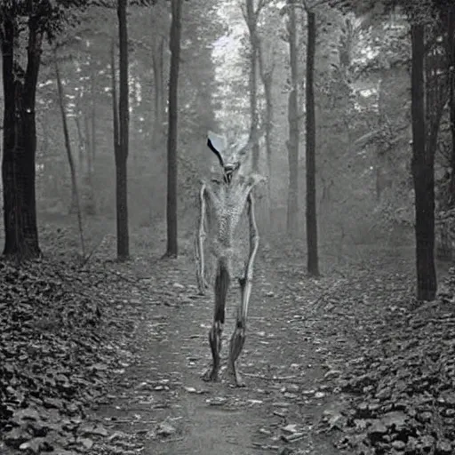 Prompt: old photograph of an alien walking through an eerie forest