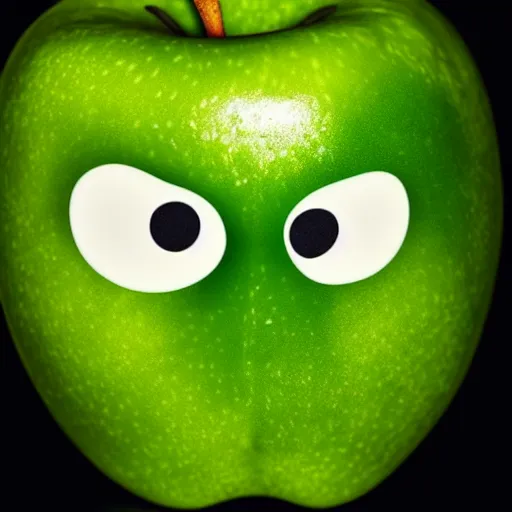 Prompt: human face on green apple, crying, tears in eyes