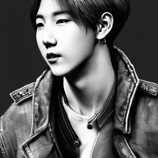 Prompt: j - hope from bts, highly detailed, professional digital painting, extreme illustration, unreal engine 5, photorealism, hd quality, 8 k, wispy, cinematic, art by andy warhol, artgerm, yoshitaka amano