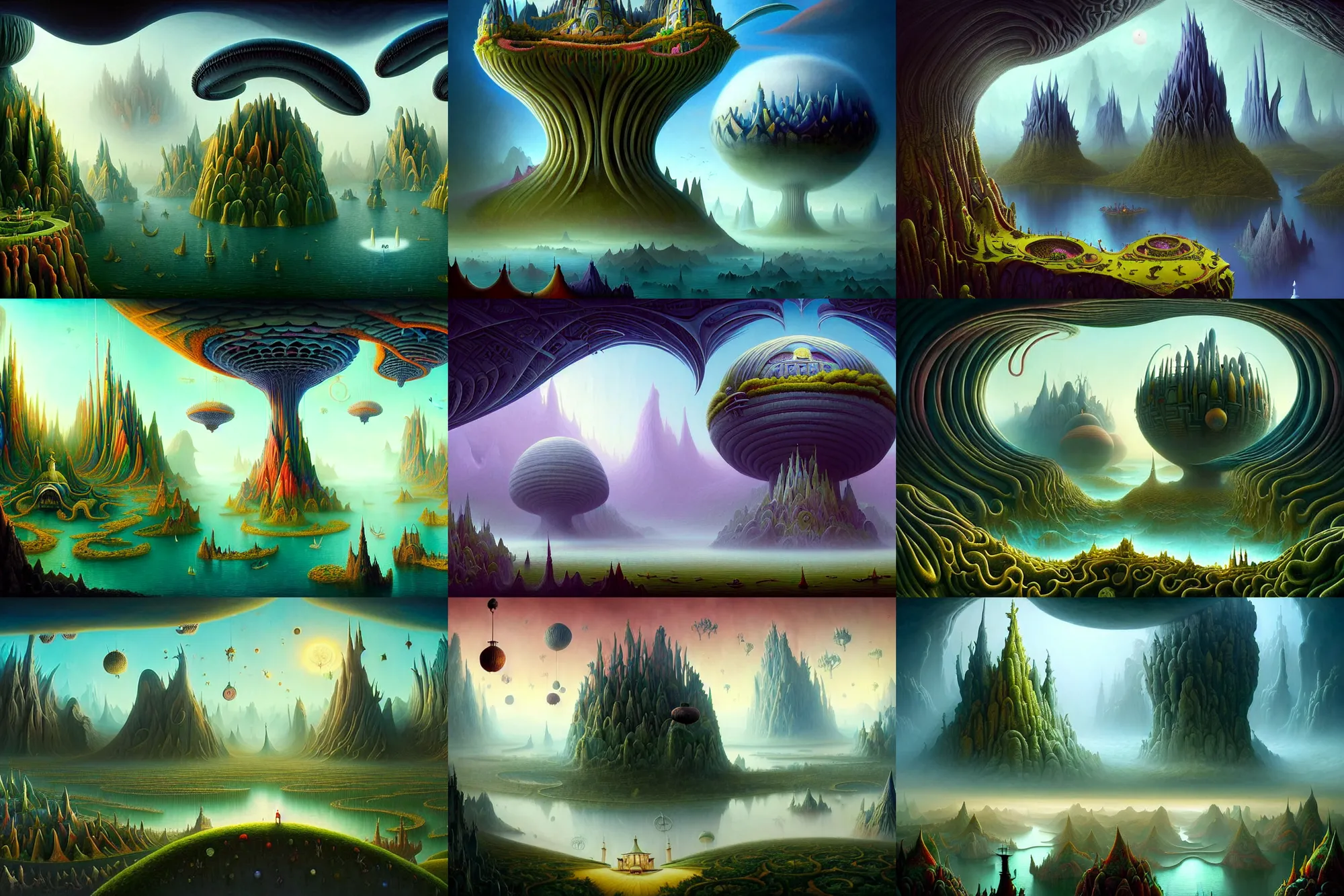 Prompt: a beguiling epic stunning beautiful and insanely detailed matte painting of alien dream worlds with surreal architecture designed by Heironymous Bosch, mega structures inspired by Heironymous Bosch's Garden of Earthly Delights, vast surreal landscape and horizon by Asher Durand and Tyler Edlin and Cyril Rolando and Raymond Swanland, masterpiece!!, grand!, imaginative!!!, whimsical!!, epic scale, intricate details, sense of awe, elite, wonder, insanely complex, masterful composition, sharp focus, fantasy realism, dramatic lighting