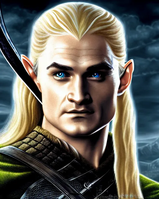 Image similar to Legolas from Lord of the rings, Cover art by Stephen Bliss, boxart, loading screen, 8K resolution