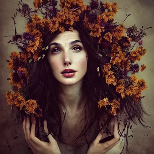 Image similar to fine art photo of the beauty gal gadot, she has a crown of dried flowers done by oleg oprisco