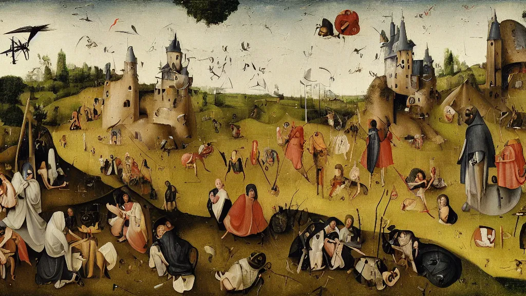 Image similar to a drone attack to innocent villager, in the fashion of Hieronymus Bosch, oil on canvas, painting, 4k, wide shot