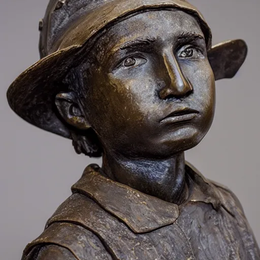 Prompt: high resolution photograph of a bronze cast sculpture of a sad peasant boy in the style of edmund kalb