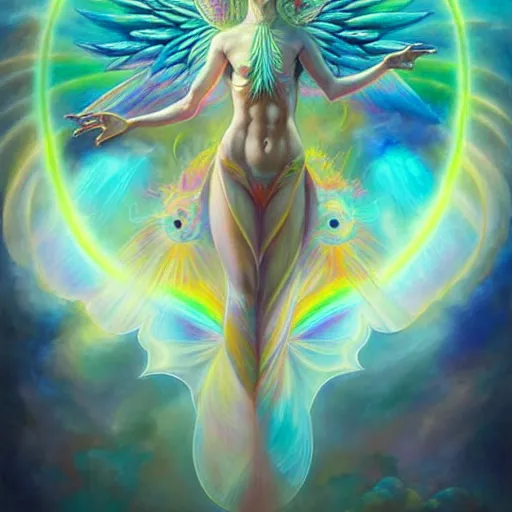 Image similar to psychedelic angelic celestial being artwork of hieu and peter mohrbacher, ayahuasca, energy body, sacred geometry, esoteric art, rainbow colors, divinity