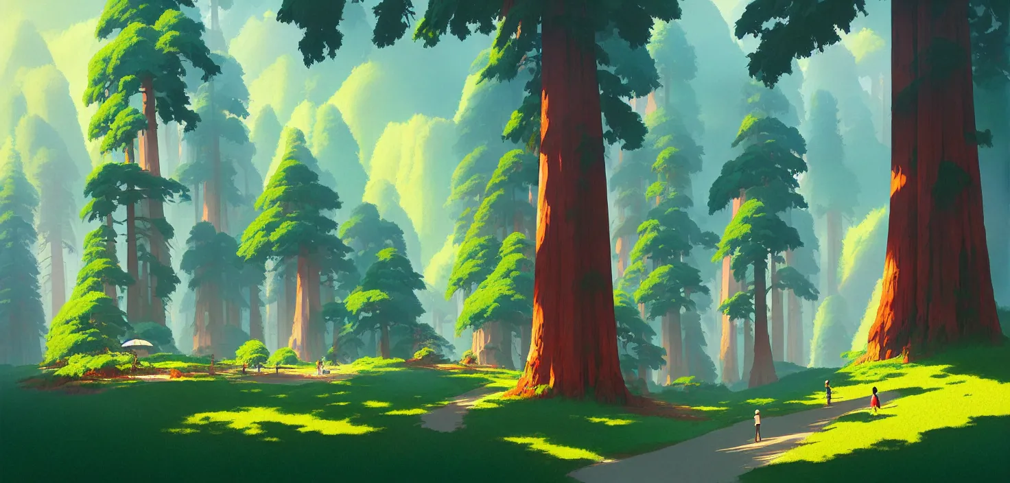 Image similar to Sequoia park in a colorful moutain with beautiful trees , no people, morning, by studio ghibli painting, superior quality, masterpiece, traditional Japanese colors, by Grzegorz Rutkowski, concept art