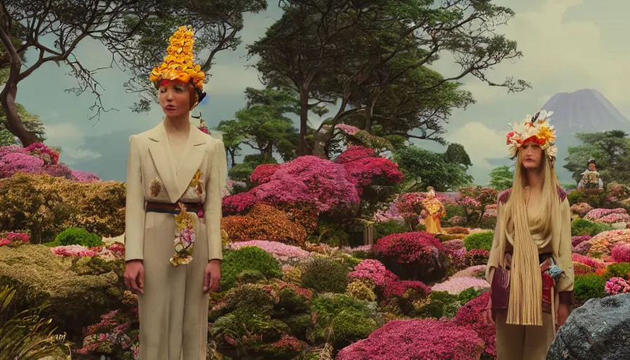 Prompt: , movie still by wes anderson of a beautiful girl wearing gucci exploring a magical japanese garden of flowers, glowing temple in the distance, floating magical deity heads with gucci headdresses, miniature cities, cinestill 8 0 0 t eastmancolor technicolor, high quality, very detailed, heavy grain, fine facial features, 8 k, octane render