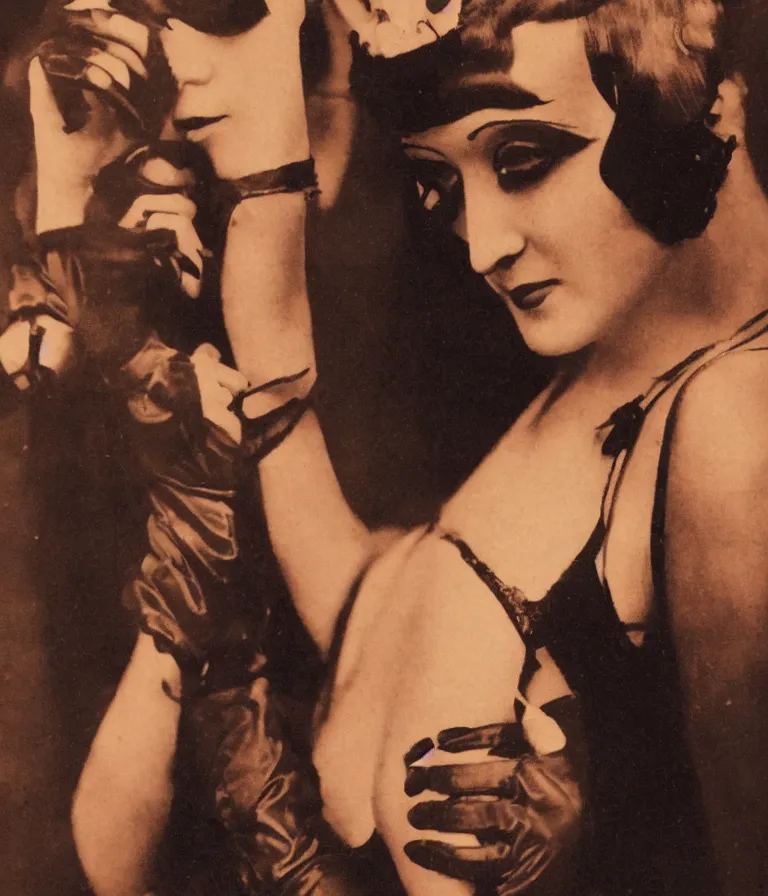 Prompt: antique colored shot of a 1 9 2 0 s short - haired flapper woman in black satin gloves looking and smirking at the camera, at a party in a dimly lit speakeasy bar, jazz age, precise, wide shot, cohesive, art deco, cinematic, low - lighting, photography