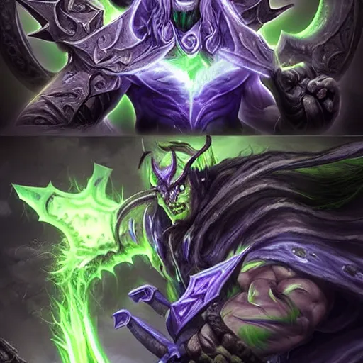 Prompt: illidan stormrage killing malfurion stormage, magic, duel, blades, hatred, killing, photorealistic