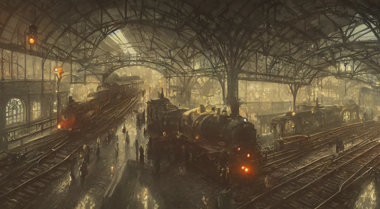 Image similar to subway station with an arriving steam train, highly detailed, digital painting, artstation, concept art, smooth, sharp focus, steampunk style, illustration, art by greg rutkowski and alphonse mucha