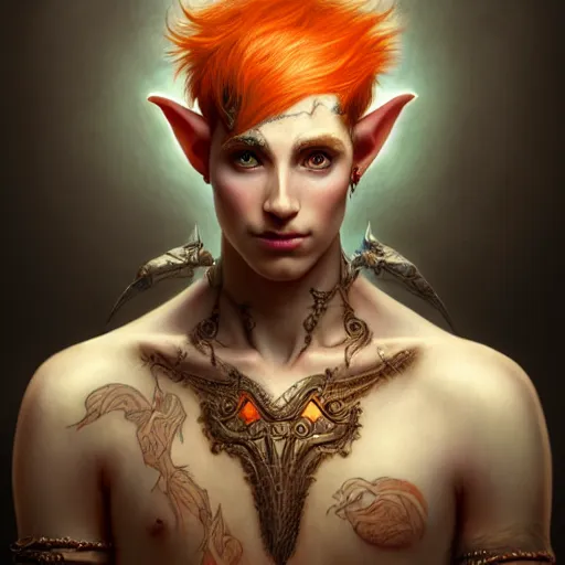 Image similar to portrait painting of an elven male teen with short light orange hair and tribal tattoos on his face wearing fur armor, ultra realistic, concept art, intricate details, eerie, highly detailed, photorealistic, octane render, 8 k, unreal engine. art by artgerm and greg rutkowski and charlie bowater and magali villeneuve and alphonse mucha