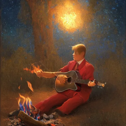 Image similar to cute caracals in red ties playing a guitar near campfire, night, atmospheric lighting, intricate, volumetric lighting, digital art, highly detailed by gaston bussiere, craig mullins, j. c. leyendecker 8 k