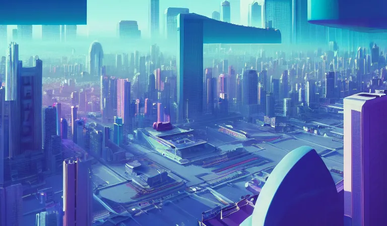 Image similar to a beautiful, sharp focus, and immaculate overcast futuristic cityscape. view from above. vaporwave ombre rendering. outrun style. trending on artstation. recommended for you behance. by chris moore. by edward hopper. beeple colors. ambient occlusion. digital matte painting. metropolis filmic. gotham city.