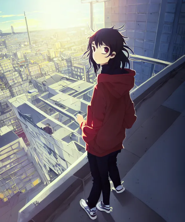 Image similar to anime visual, portrait of a young black haired girl wearing hoodie sightseeing above the urban city, on the school rooftop, guardrail, cute face by yoh yoshinari, katsura masakazu, dramatic lighting, dynamic pose, dynamic perspective, strong silhouette, ilya kuvshinov, moody, detailed
