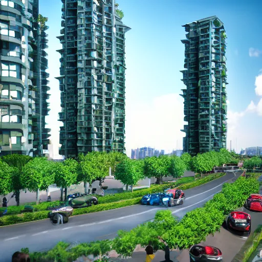 Prompt: green sustainable city towers with electric cars and scooters and bikes, trending on artstation, 8k