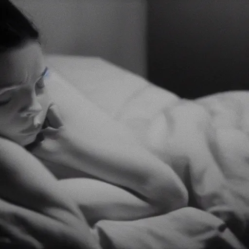 Prompt: movie still of a girl having sleep paralysis, cinematic composition, cinematic light, criterion collection, by david lynch