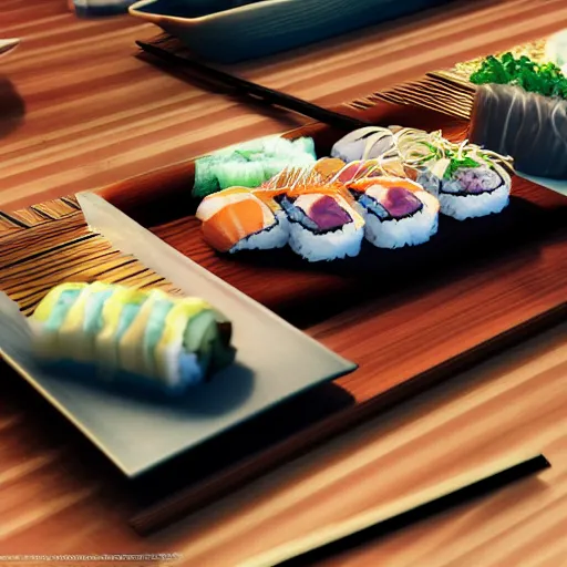 Prompt: eating sushi with friends when a dimensional rift opens up, in the style of Leticia Gillett Hiroya Oku Riyoko Ikeda, 3d render, artstation trending, 8k, octane render, photorealistic, sharp detail, manga