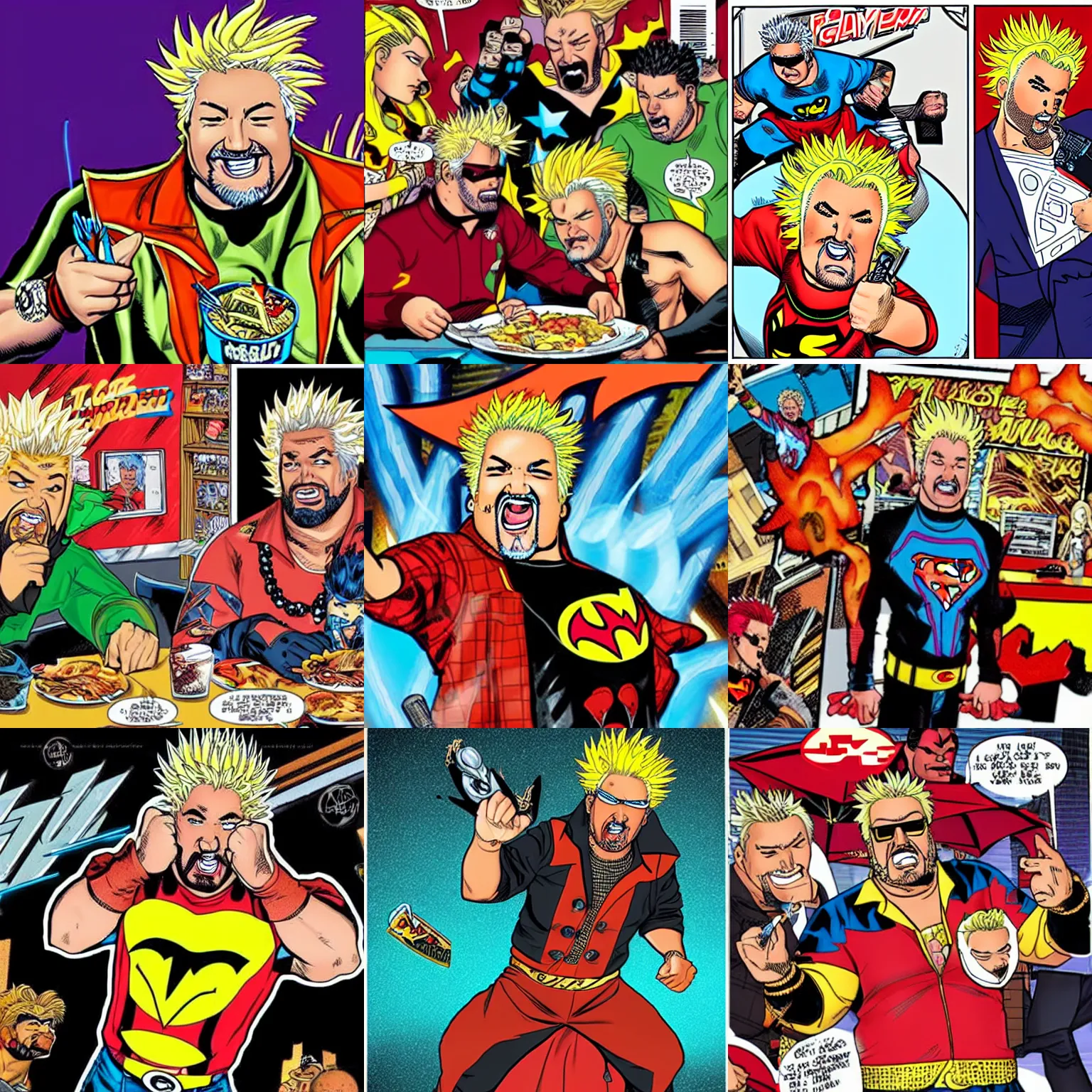 Prompt: Guy Fieri eating, DC Comics, in the style of George Pérez