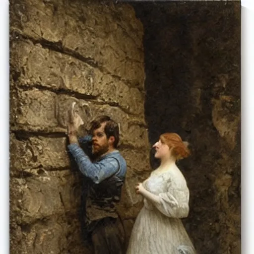 Image similar to young victorian man and woman solving a riddle carved into a stonewall in a dungeon, by alfred stevens