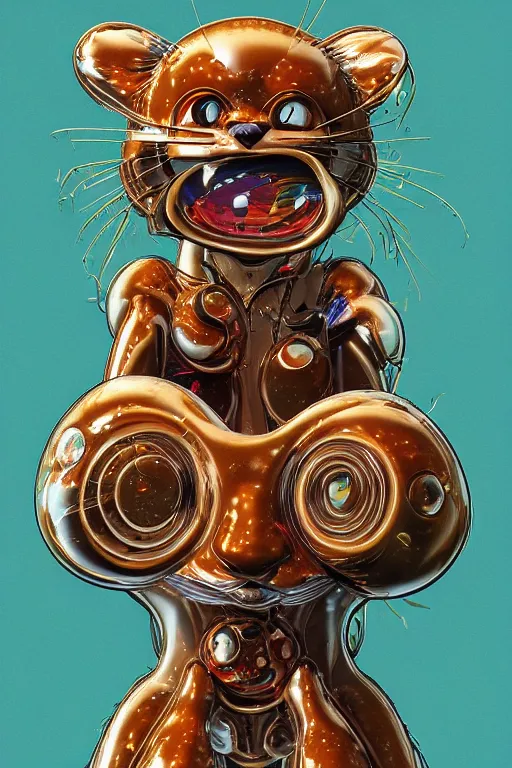 Prompt: Recursive image with a well rounded Calico feline, large eyes, shiny soft fur, anatomically correct, surrounded by mirroring swirling wisps of jelly, oil pastels and gold, in the style of Katsuhiro Otomo, modeled in Poser, Redshift render, UHD