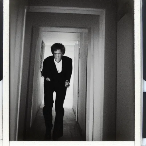 Image similar to A creepy polaroid photo of Willem Dafoe chasing you down a hallway