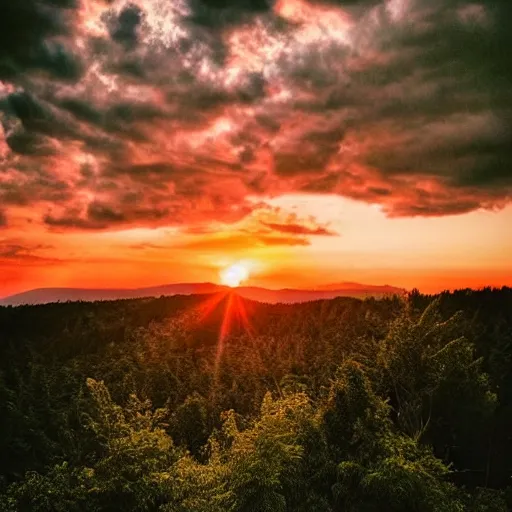 Image similar to sunset above forest, beautiful landscape, high detail, instagram photo, professional dslr photo, creative composition, beautiful composition