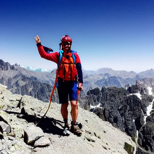 Prompt: a man on the summit of Pyrenees mountains in the summer