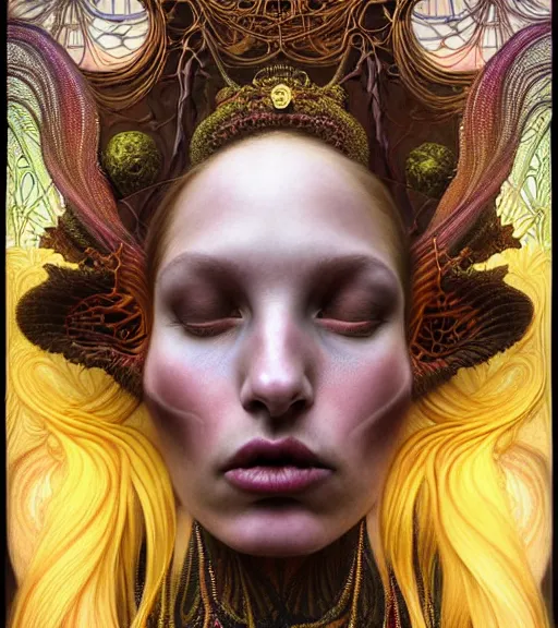 Prompt: detailed realistic beautiful young groovypunk queen of andromedi galaxy in full regal attire. face portrait. art nouveau, symbolist, visionary, baroque, giant fractal details. horizontal symmetry by zdzisław beksinski, iris van herpen, raymond swanland and alphonse mucha. highly detailed, hyper - real, beautiful