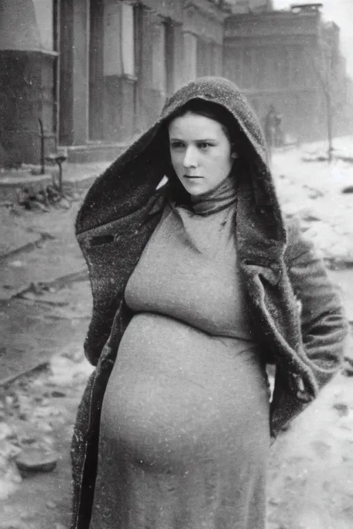 Image similar to full-length portrait of a pregnant woman on the street of besieged Leningrad, historically reliable photo chronicle, winter 1941, ultra detailed digital art, octane render, 4K, dystopian, by john william waterhouse and Edwin Longsden Long and Theodore Ralli and Nasreddine Dinet