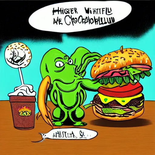 Image similar to Cthulhu eating a cheeseburger, photo realistic, award-winning, highly-detailed, epic, cinematic, dramatic