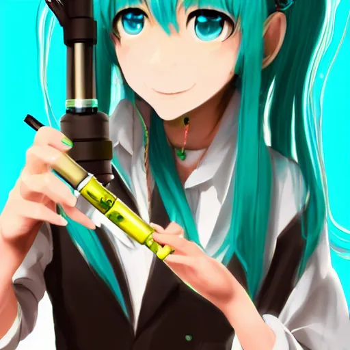 Image similar to hatsune miku smoking a vape pen in her right hand | smoke coming out of her mouth, artstation, 4 k