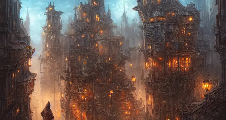 Image similar to landscape painting of fantasy metal steampunk city that has a light blue glow with walkways and lit windows and you can very clearly see a fine detailed hooded thief in browns leathers climbing one of the tall buildings using a rope, fine details, magali villeneuve, artgerm, rutkowski