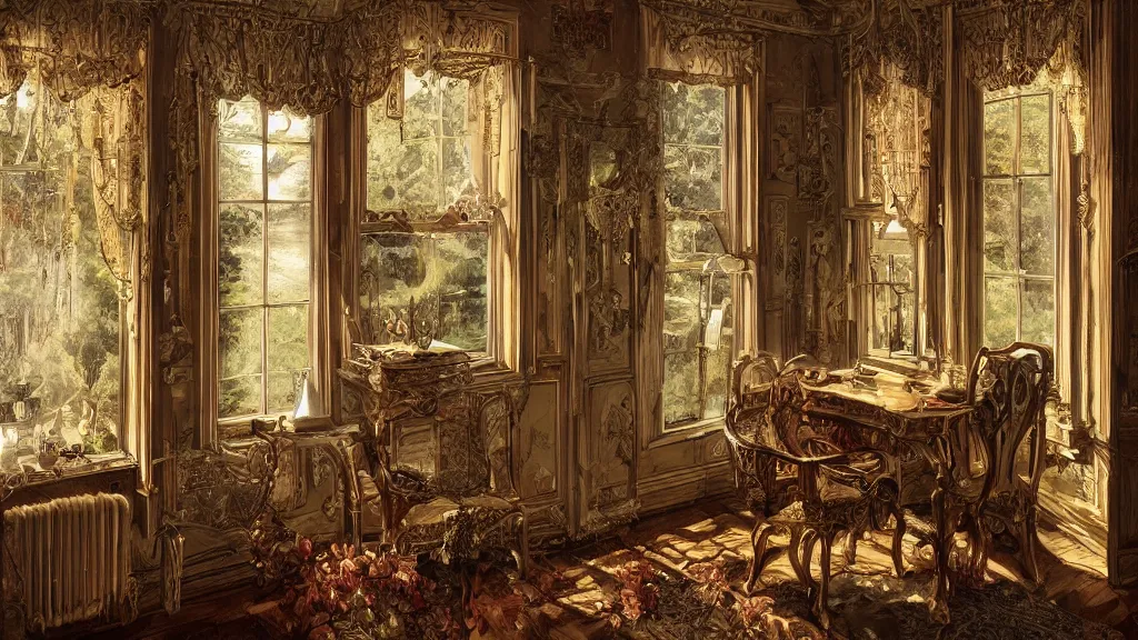 Prompt: richly decorated Victorian house, beautiful, detailed wood, photorealistic, photorealism, the autumn light comes in through a window, diffuse light, cybernetics