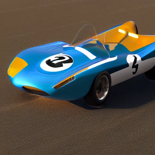 Image similar to 3D render of highely detailed 1960s racecar, dramatic lighting,