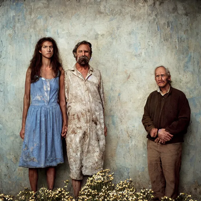 Image similar to closeup portrait of a couple holding flowers, standing in a desolate abandoned house, by Annie Leibovitz and Steve McCurry, natural light, detailed face, CANON Eos C300, ƒ1.8, 35mm, 8K, medium-format print