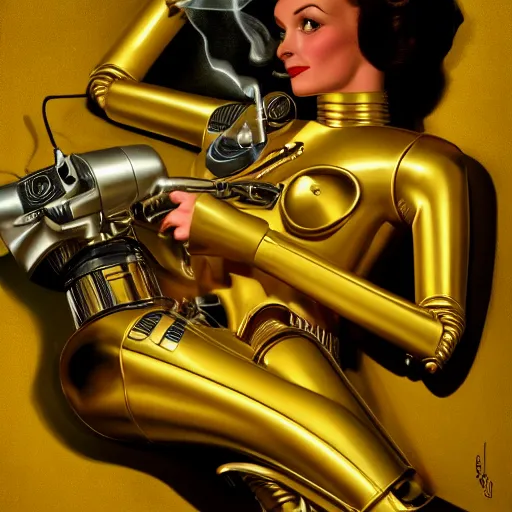 Image similar to a reclining half human c3po by Gil Elvgren, holding a smoking ray-gun, head, body, legs