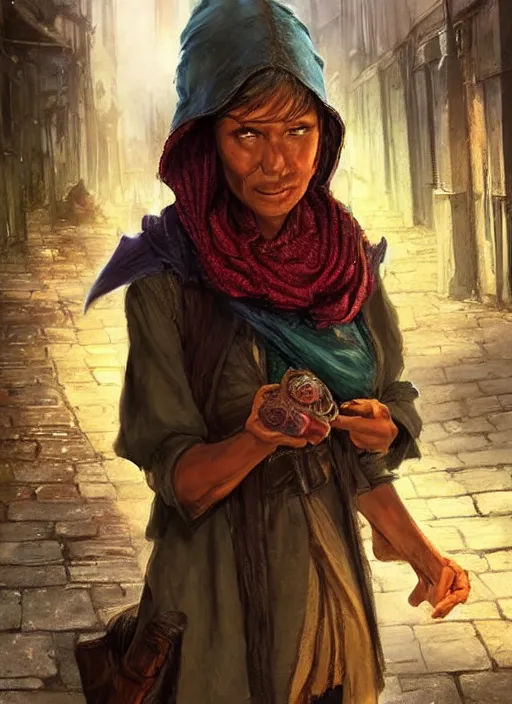 Image similar to female immigrant poor beggar on the streets, ultra detailed fantasy, dndbeyond, bright, colourful, realistic, dnd character portrait, full body, pathfinder, pinterest, art by ralph horsley, dnd, rpg, lotr game design fanart by concept art, behance hd, artstation, deviantart, hdr render in unreal engine 5