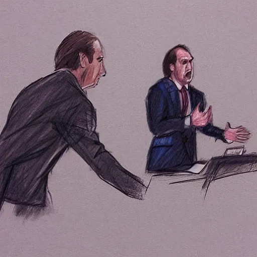 Image similar to a court sketch of saul goodman defending super mario in court, saul goodman and mario, sketch art, court sketch art, saul goodman, mario, very sketchy court sketch