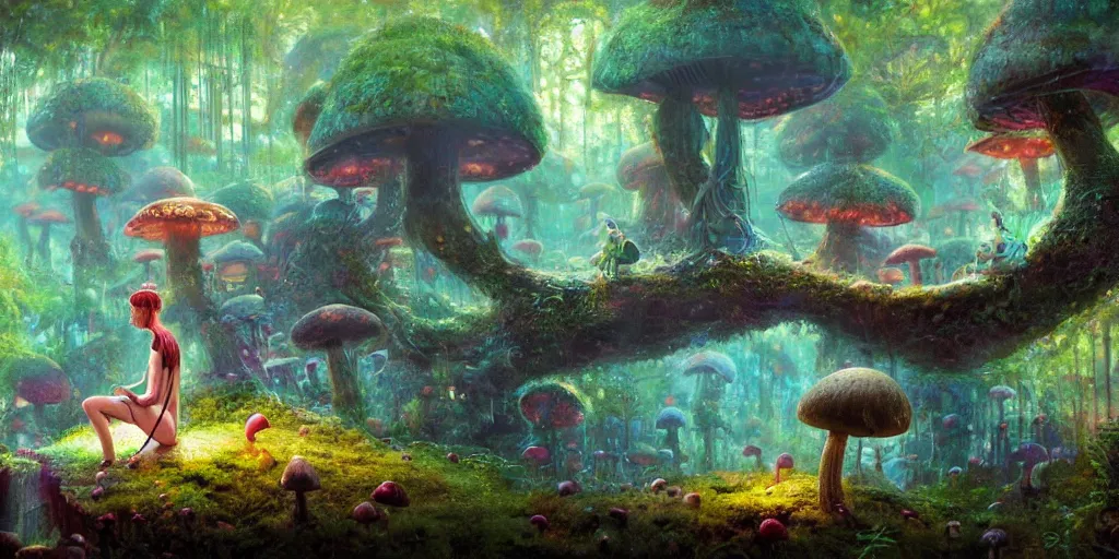 Prompt: ”young girl sitting by a mushroom and playing a flute, giant mushroom houses in a mysterious fantasy forest, [bioluminescense, rope bridges, art by wlop and paul lehr, cinematic, colorful]”