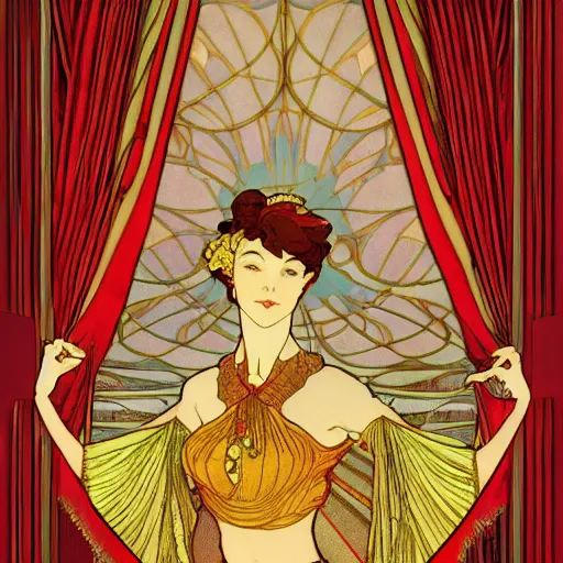 Image similar to flowing theatre red curtains, centered radial design, gold art nouveau graphic elements, painting by mucha, beautiful lighting, anime, studio ghibli, norman rockwell, trending on artstation