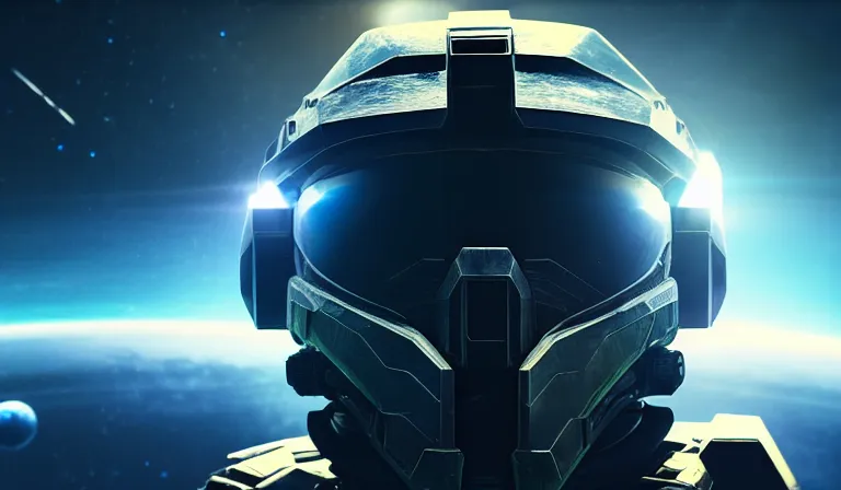 Image similar to cyberpunk halo helmet on space, planet behind, close shot, reflection, epic, dramatic, cinematic, award winning, ultra detailed, realistic, 8k,