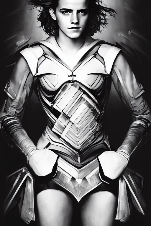 Image similar to emma watson closeup portrait futuristic fractal fightsuit bustier gaston bussiere craig mullins j. c. leyendecker short wet hair richard avedon peter lindbergh monochrome studio lighting