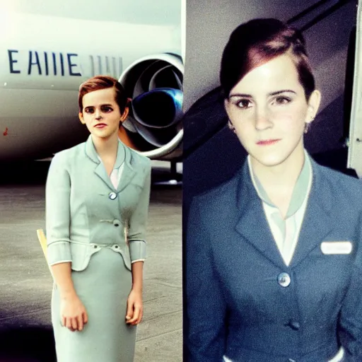 Prompt: emma watson, flight attendant, award winning, kodak ektachrome expired blue tint,