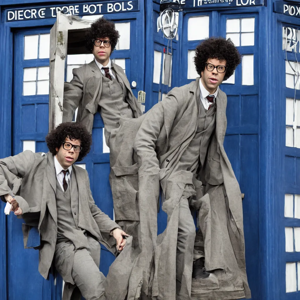 Image similar to Richard Ayoade as the Doctor, in front of the TARDIS