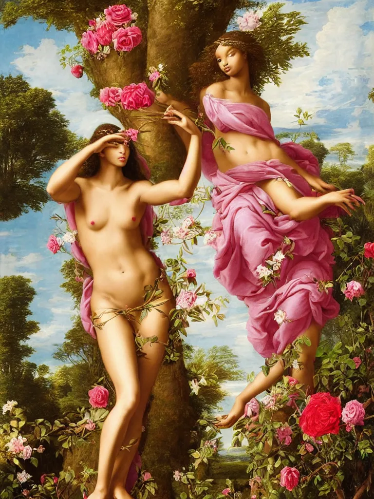 Prompt: regal portrait of jasmine tookes as aphrodite, goddess of love : : the birth of venus : : background of roses, myrtle, doves : : rococo, academicism