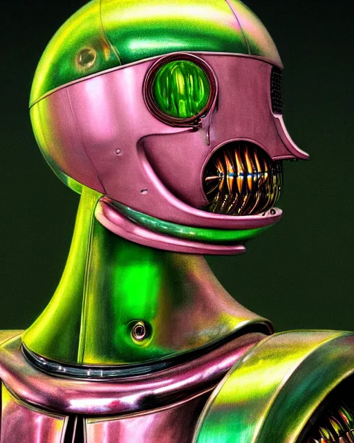 Image similar to hyperrealistic hyperdetailed medieval mechanical iridescent pink humanoid performing concept art santiago caruso de chirico sharp very dramatic green light 8k low angle shallow depth of field