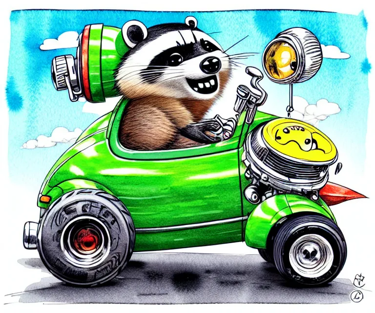 Image similar to cute and funny, racoon wearing a helmet riding in a tiny hot rod with oversized engine, ratfink style by ed roth, centered award winning watercolor pen illustration, isometric illustration by chihiro iwasaki, edited by range murata, symmetrically isometrically centered