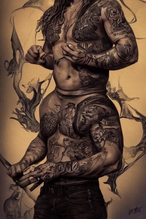 Prompt: Photorealistic Portrait of frontal standing pose torso of a very attractive buffed Jax Teller heavily tattooed. surrounded by magic lightings overlays, Intricate, concept art, magic lighting overlays, magical portal opened, D&D!, fantasy style, sharp focus!, ultra detailed, art by Artgerm and Peter Andrew Jones, WLUP, Magali Villeneuve